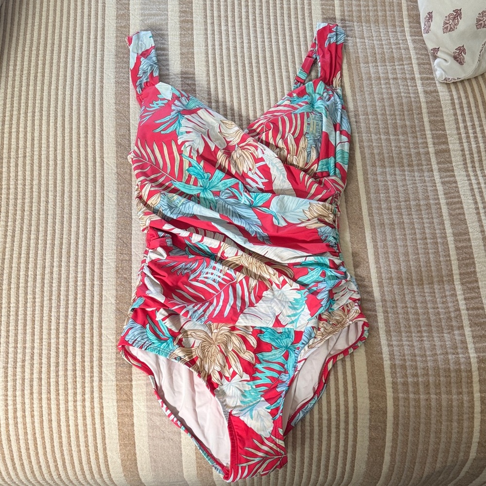 Tropical Ruched One-Piece Swimsuit - Coral & Teal Floral